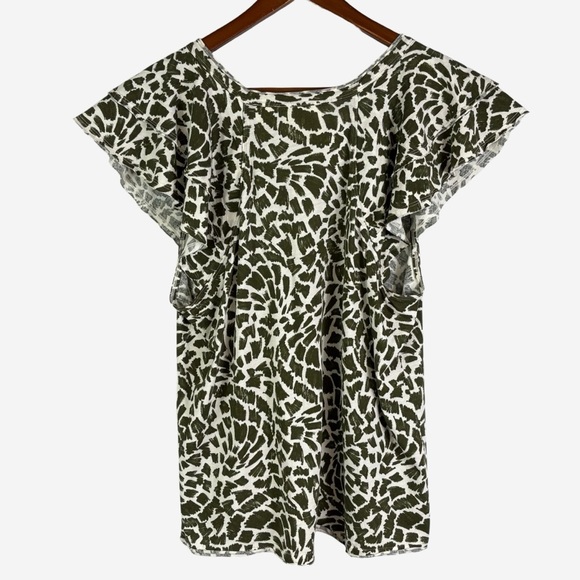 Anthropologie Maeve Catie Ruffle Sleeve Top Size L Large V-Neck Green Motif - Picture 7 of 13